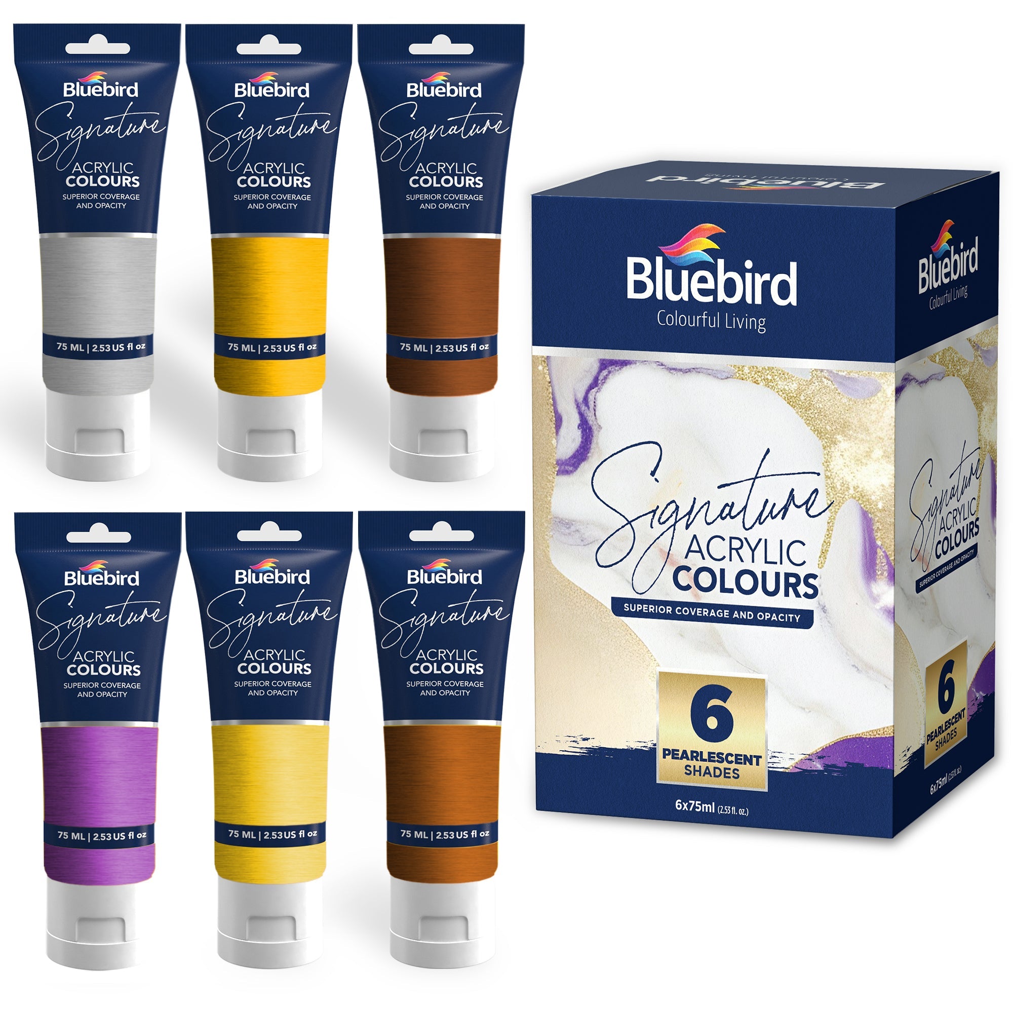 Blue Bird Signature Acrylic Colour Set of 6 Pearlescent 75 ml