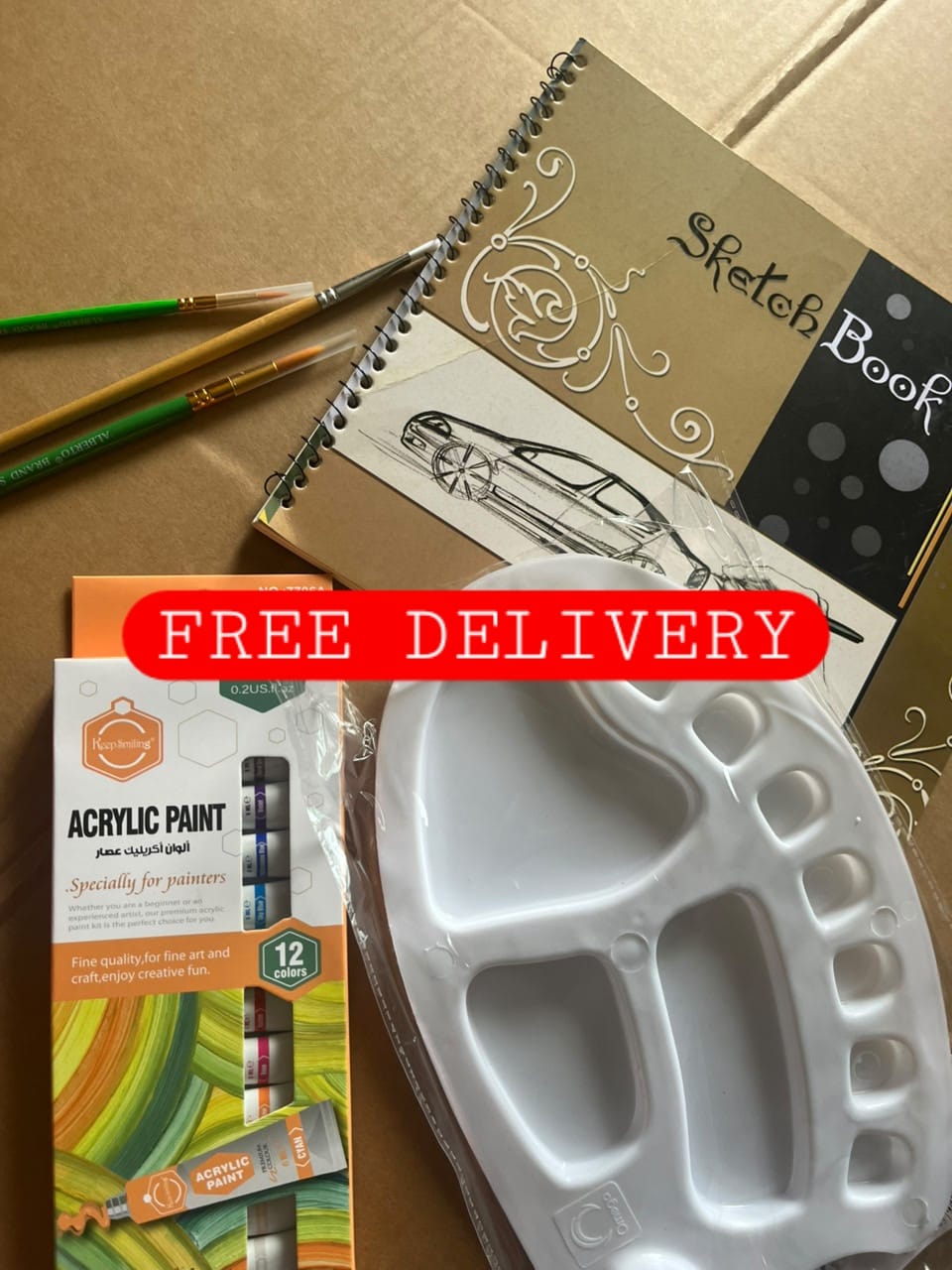 Beginners set with 12 colour Acrylic set, colour mixing palette , Brushes Round and Flat and sketch book with Free Delivery