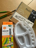 Beginners set with 12 colour Acrylic set, colour mixing palette , Brushes Round and Flat and sketch book with Free Delivery