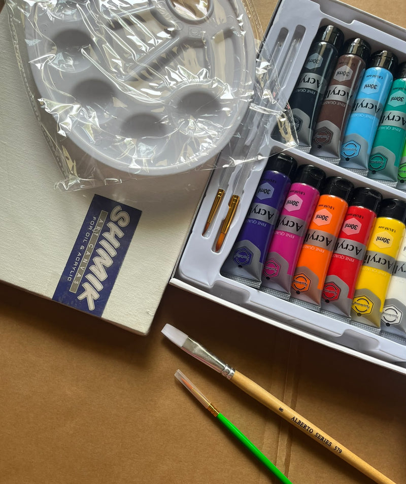 Deal 5, Acrylic 30 ml set of 12 + Brushes + Palette + Canvas all you need to start + FREE DELIVERY