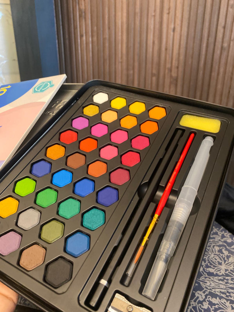 Water colour set of 36 cakes brush pen , brush and water colour paper sheets Keep smiling