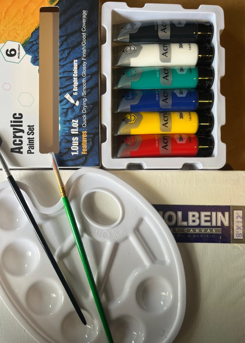 Deal 6 Acrylic 30 ml 6 colours , Canvas 8 x 12 , palette , Brushes + FREE DELIVERY