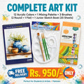 Beginners set with 12 colour Acrylic set, colour mixing palette , Brushes Round and Flat and sketch book with Free Delivery